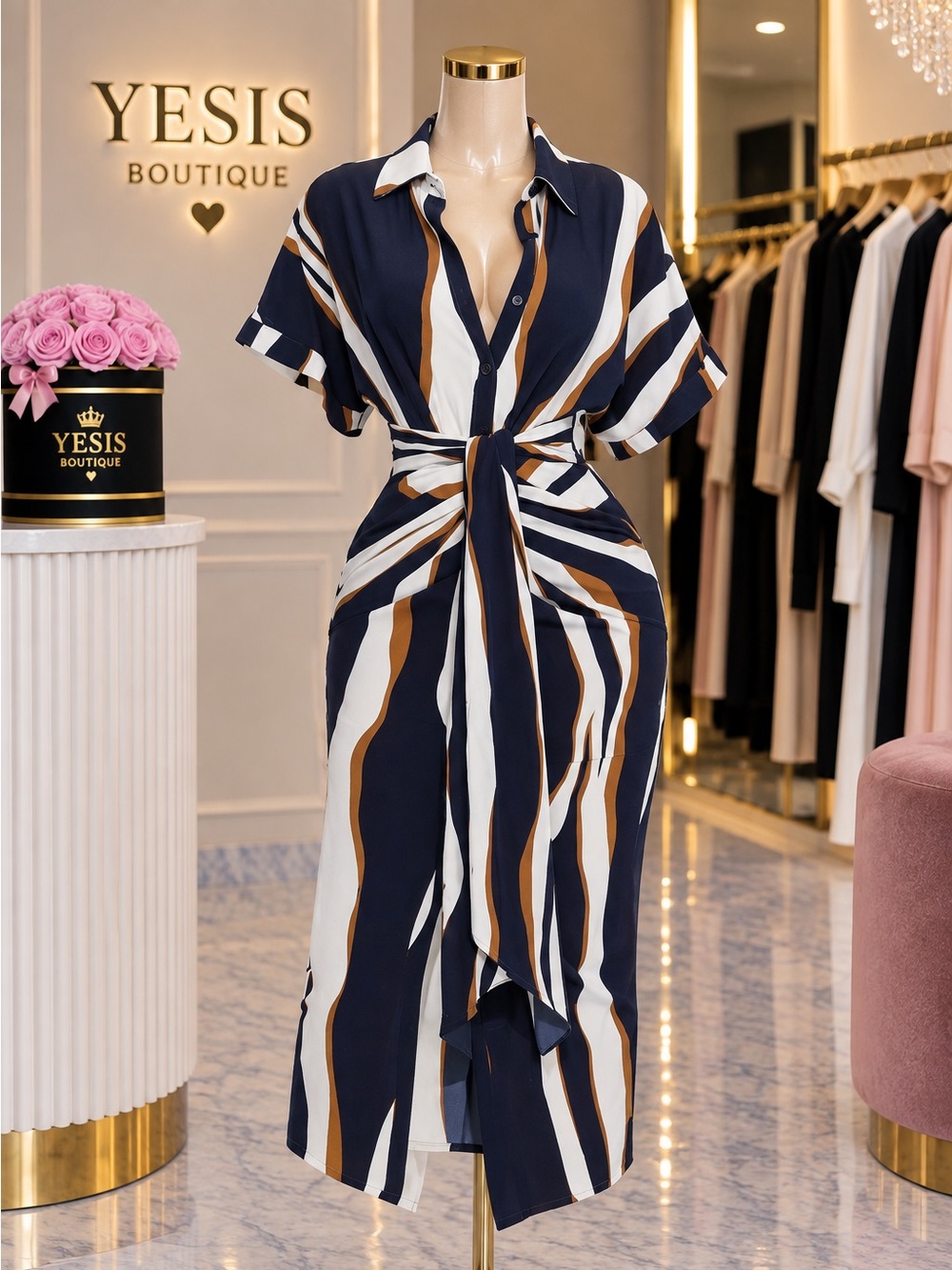 Laurie Button Down  Midi Dress- Navy/Combo